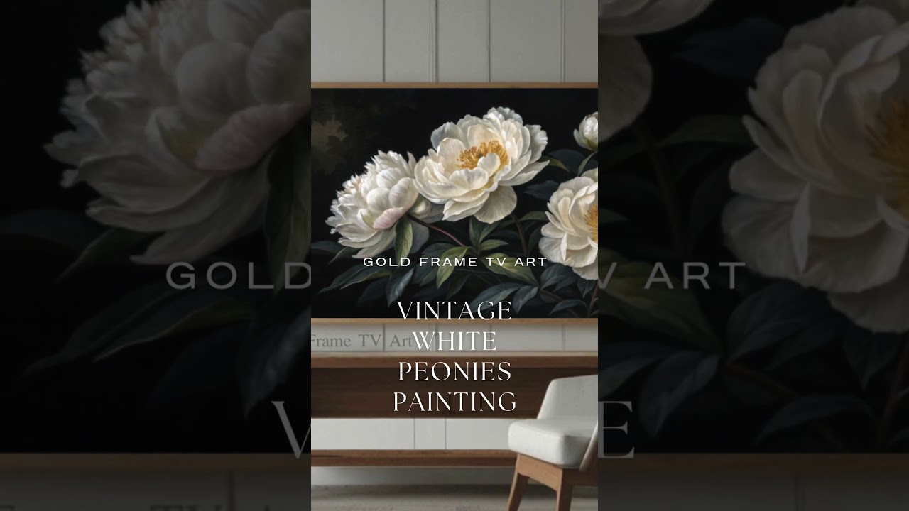 4K TV Art: Vintage White Peonies Painting | Elegant Gold Frame TV Decor