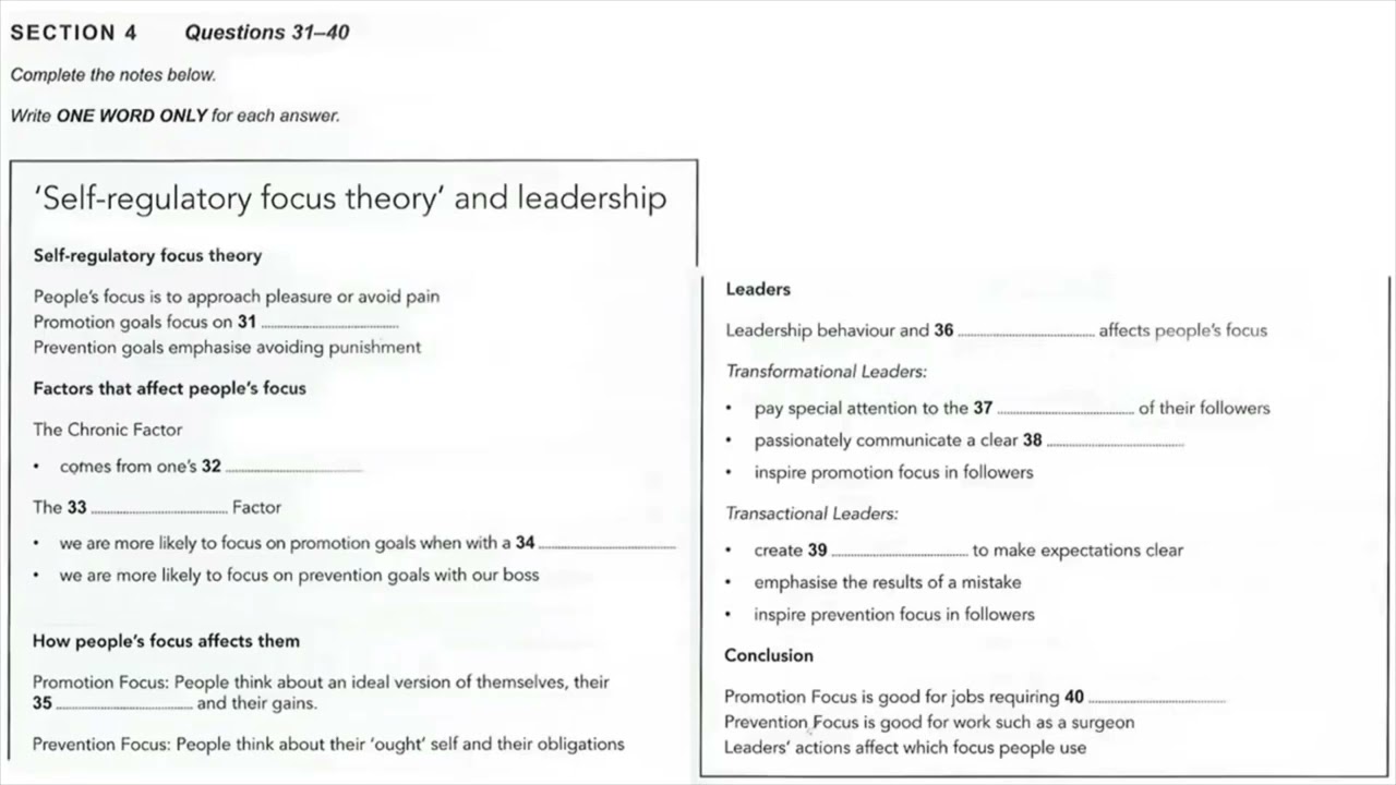 'Self-Regulatory focus theory' and leadership | IELTS LISTENING TEST | SECTION-4