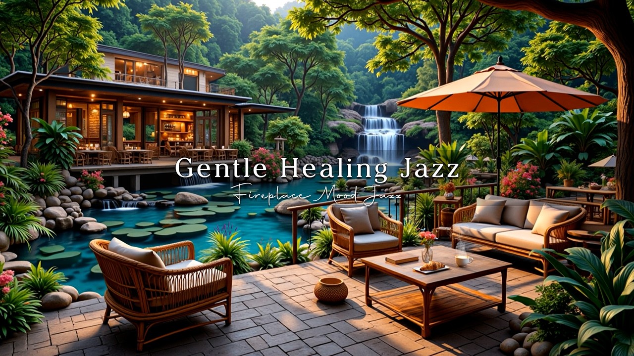 Gentle Healing Jazz for Soft Day Reflection | Tranquil Garden Waterfall Jazz Café Ambience