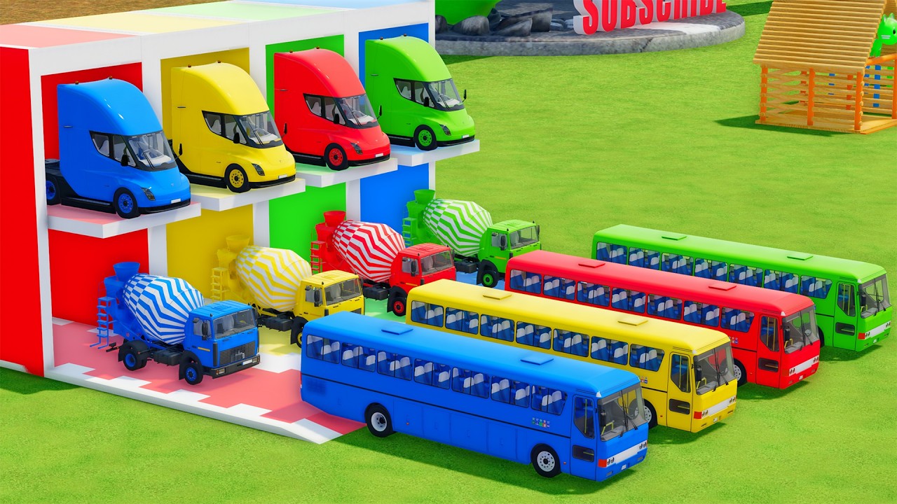 Garage with Colors - ALL MIXER TRUCK WITH DOUBLE FLATBED TRAILER TRUCK, TESLA, MAZ, LIZARD - FS22