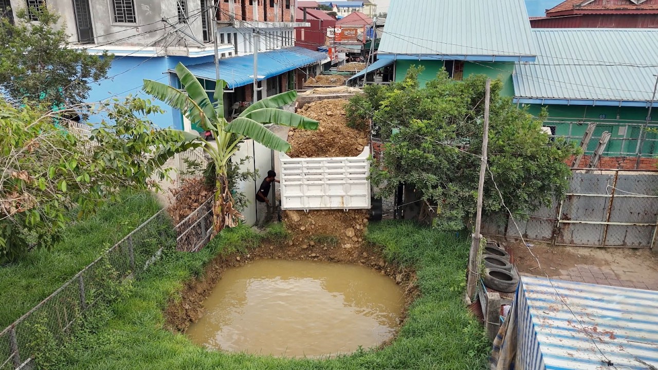 Starting New Project! Completed100% Truck 5T Filling Land In village By Skillful Dozer Pushing Soil