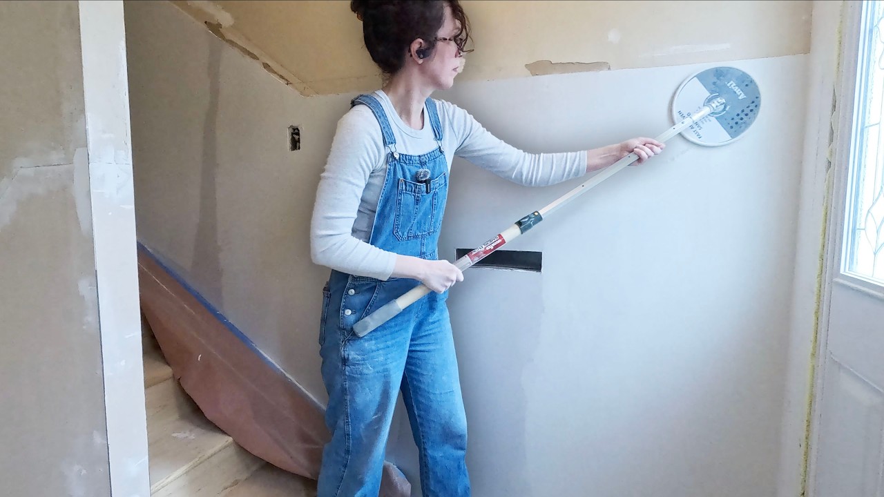 The stairwell glow-up begins! (drywall finishing and paint prep)