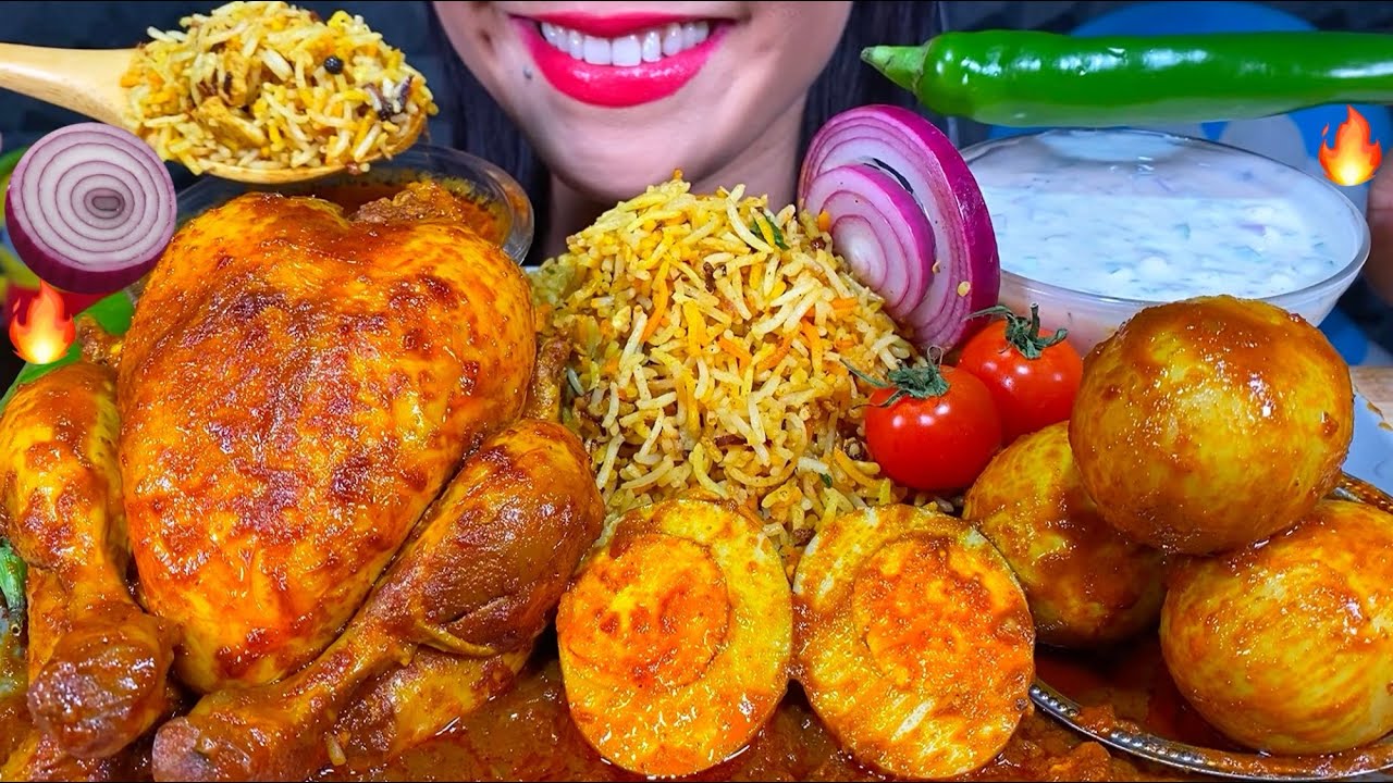 ASMR SPICY CHICKEN BIRYANI, WHOLE CHICKEN CURRY, EGG CURRY, RAITA, MASSIVE Eating Sounds