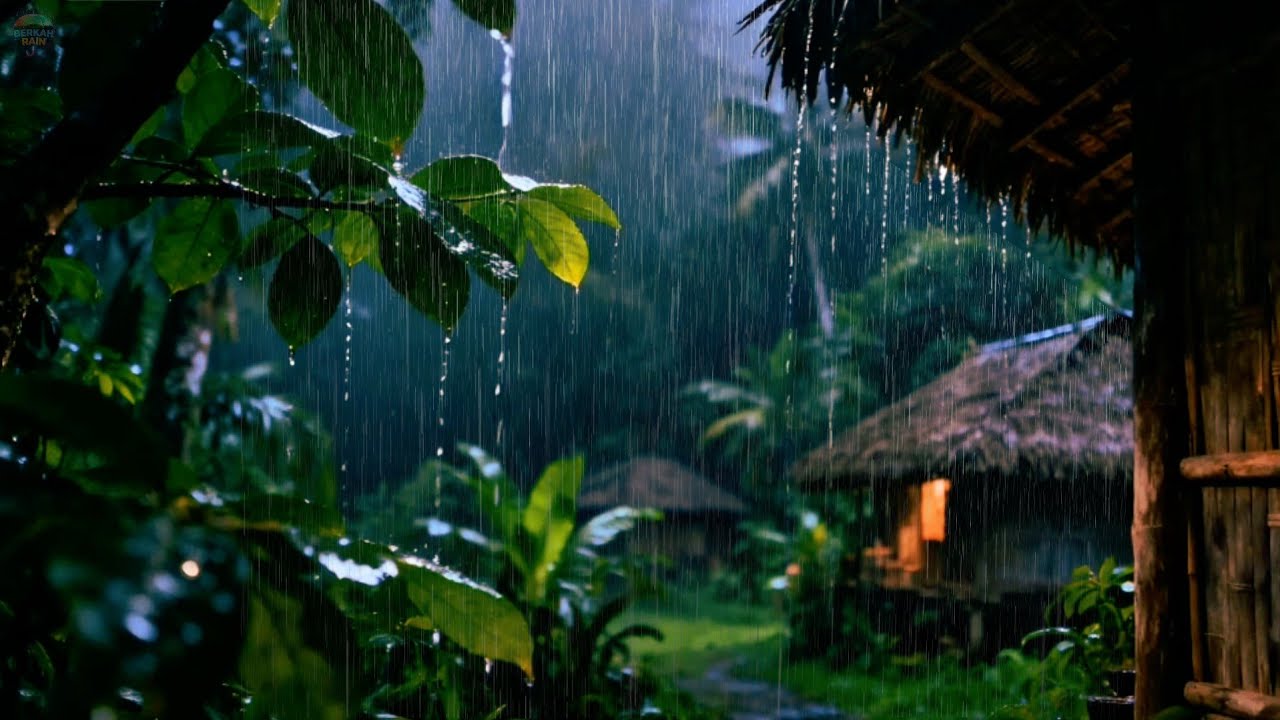 Heavy rain and thunder sounds - fall a sleep in 5 minutes - rainy in the village 