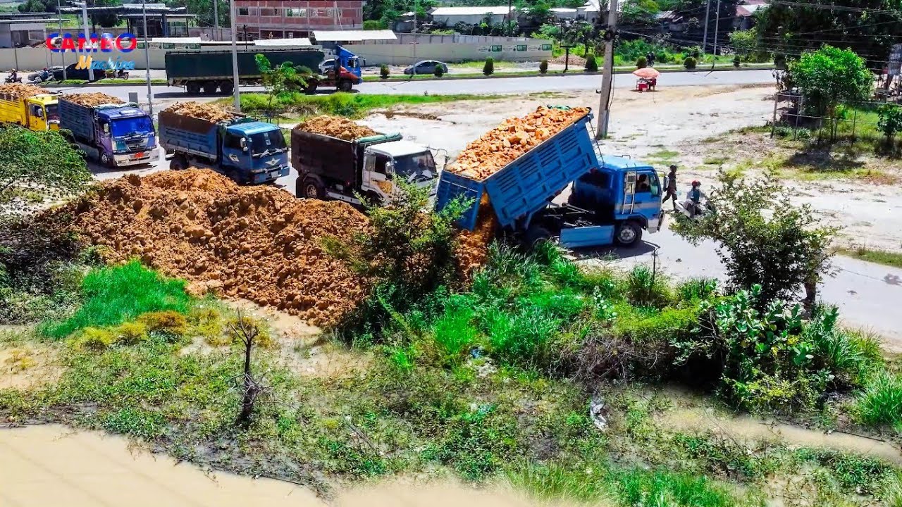 AMAZING Start New Project LANDFILL BY SMART DRIVER DOZER KOMATSU DR51PX & 5TON DUMP TRUCKS UNLOADING