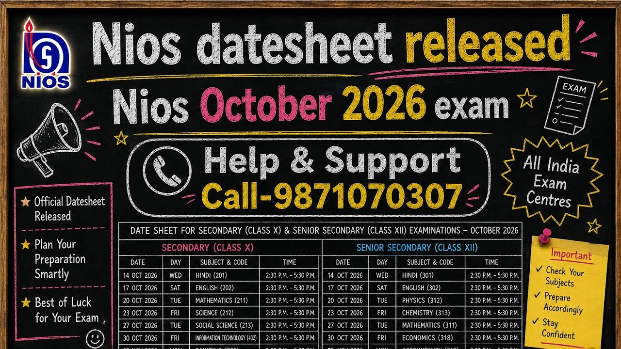 Nios datesheet. Nios hall ticket Nios datesheet October 2026 released. Help&Support Call-9871070307