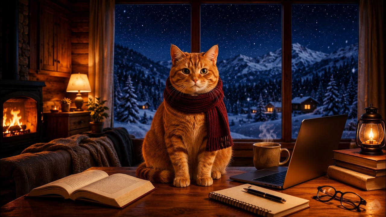 Winter Night Focus 🐈 Cozy Cabin Study with Fireplace & Snow