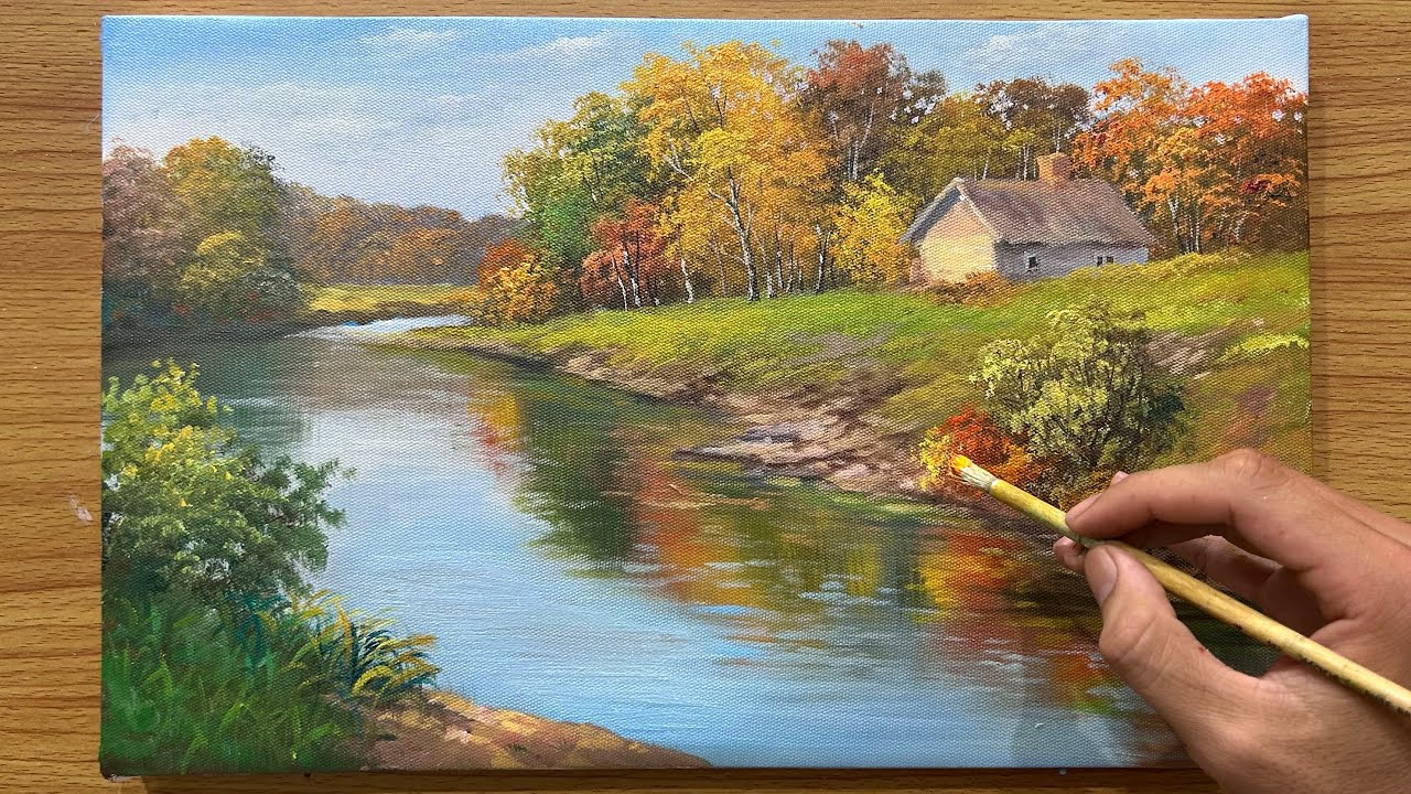How to Paint a Peaceful Autumn River Landscape | Relaxing Acrylic Painting Tutorial on Canvas