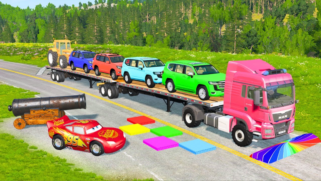 Flatbed Truck Mcqueen | Transportation with Truck - Pothole vs Car #123 - BeamNG.Drive