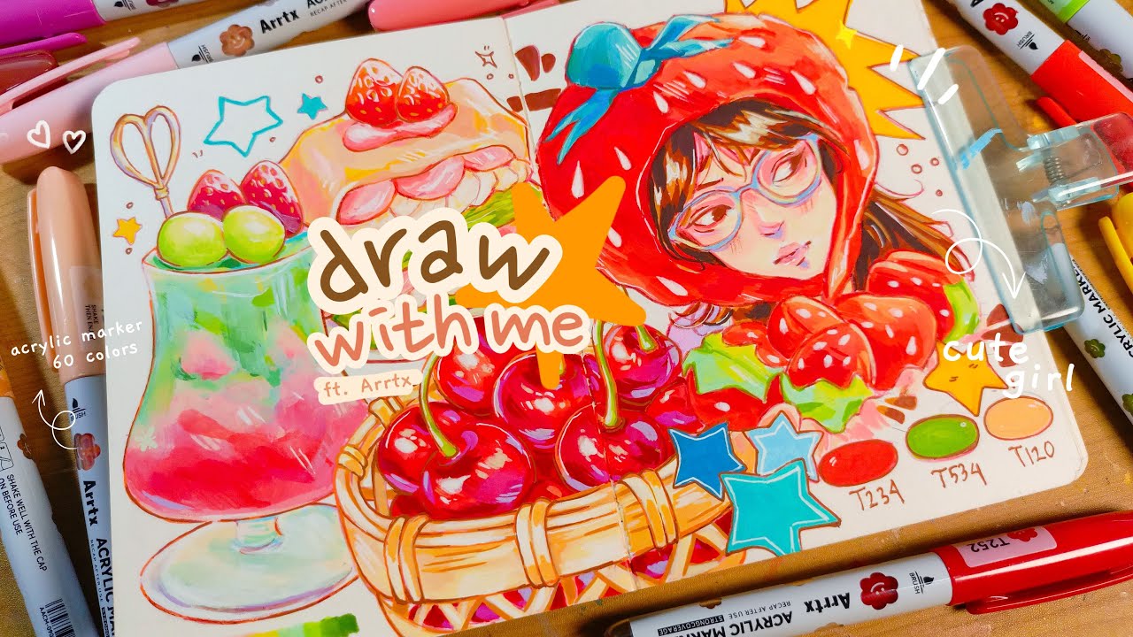 cozy draw with me, food illustration w/Arrtx liquid acrylic marker 60 colors ☆