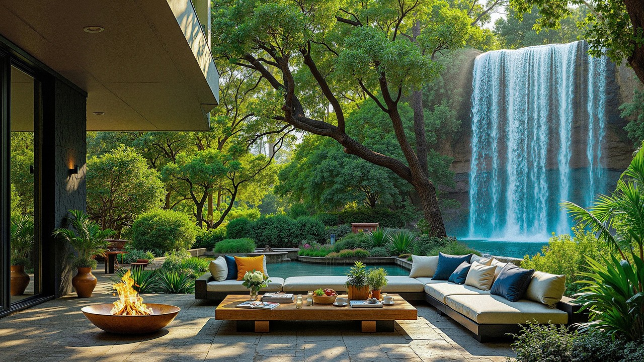 Cozy Villa Jazz by the Waterfall - Gentle Jazz Music in a Tranquil Garden for Calm Moments