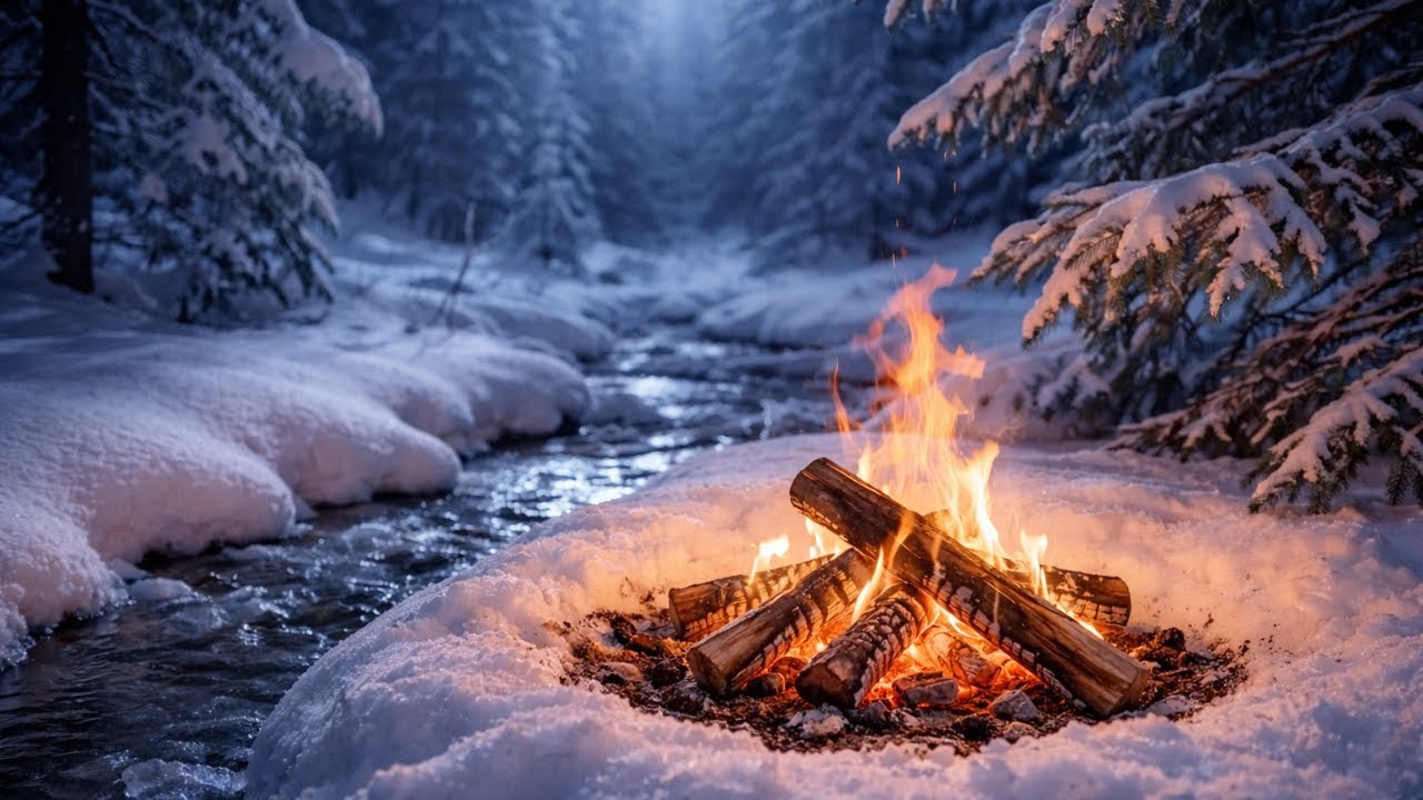 Campfire in the Snowy Forest | Peaceful Mountain Stream & Fire Ambience