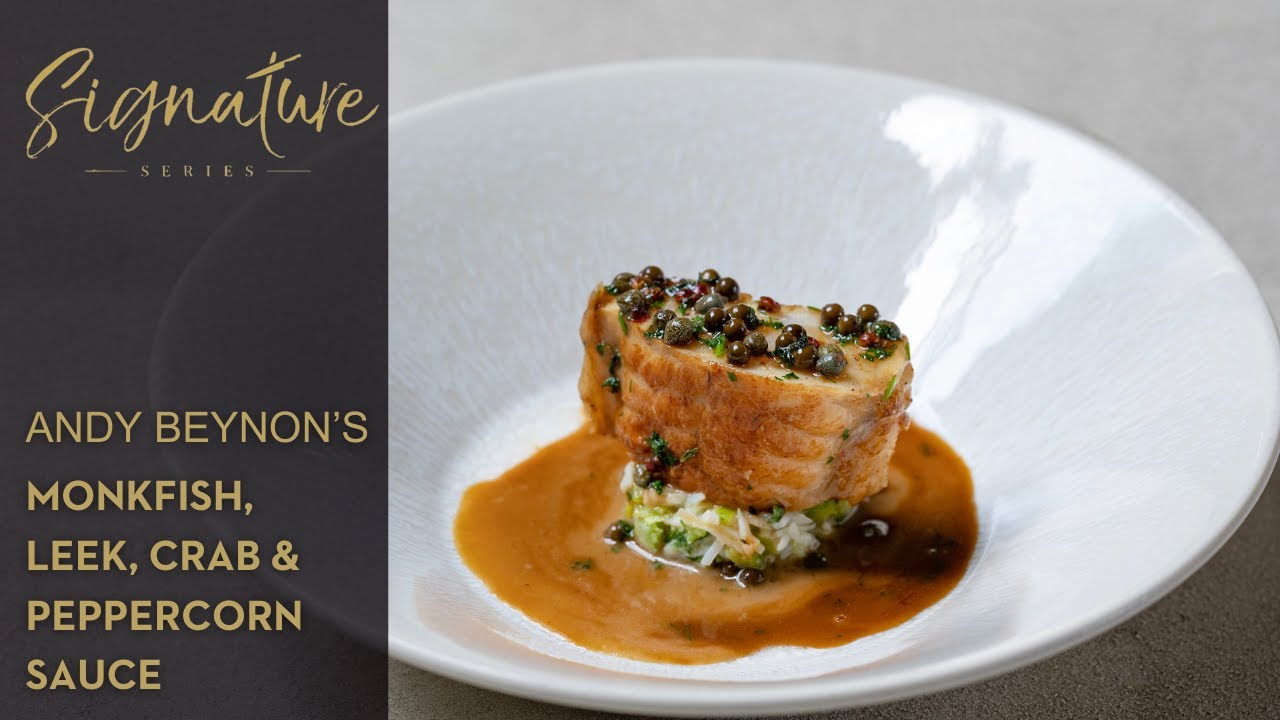 Andy Beynon's Monkfish, leek, crab and peppercorn sauce