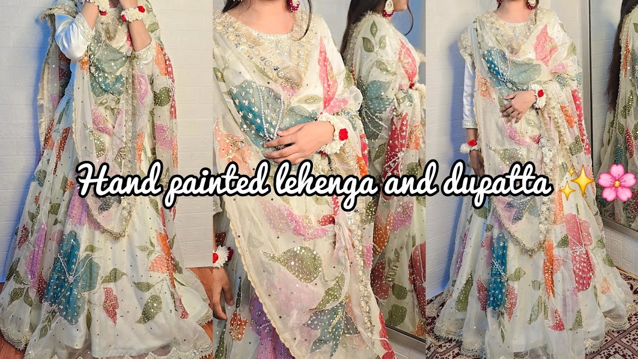 Instagram most trending hand painted embroidered lehnga and dupatta #youtudeshrts #trending #lehnga 