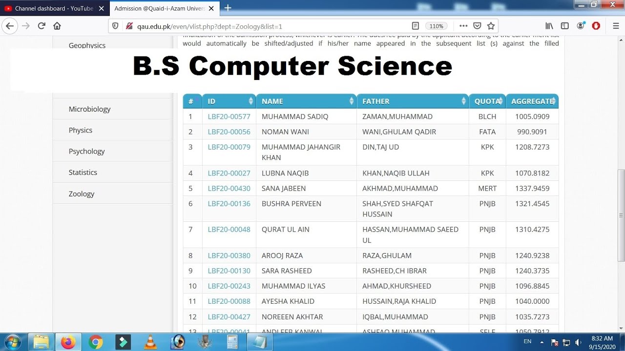 Quaid-e-Azam University | B.S Computer Science 7th Merit List 2020