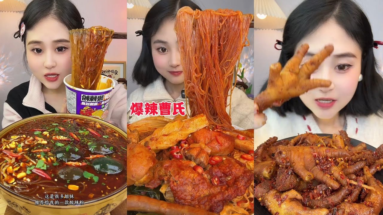 Mukbang#part 411:Eat Spicy🔥noodles🍜   with Rice noodle 🍜 Soup meatblll #chicken #foodie #noodles 