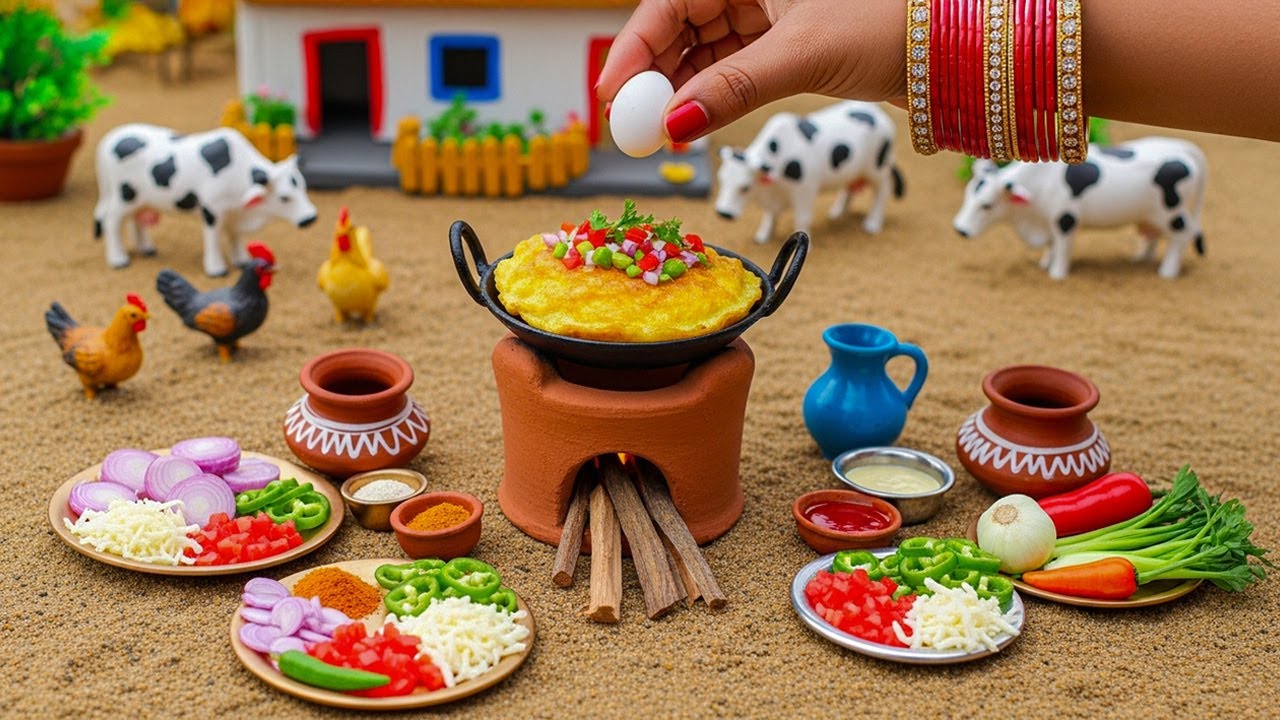How To Make Miniature Egg Omelette Recipe | Rural Village Kitchen | Tiny Food ASMR