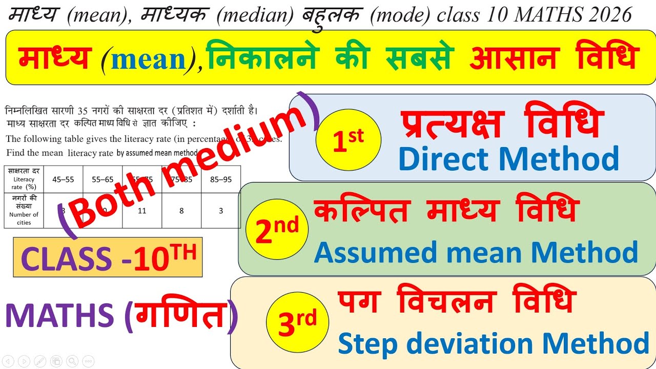 class 10 माध्य (Mean) कल्पित माध्य विधि Assumed Mean Method ,प्रत्यक्ष विधि ,पग विचलन