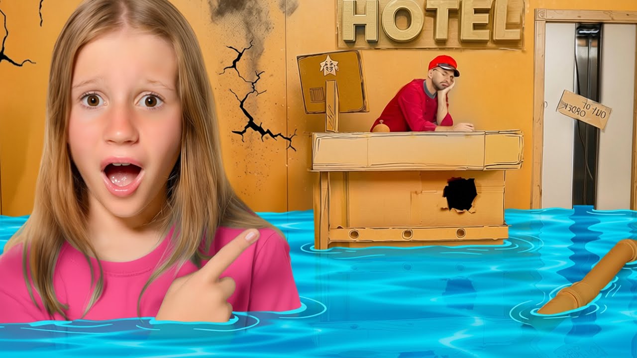 Nastya and her friends at a giant cardboard hotel
