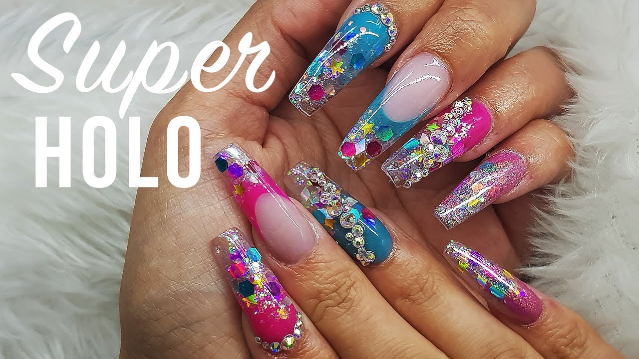 LONG COFFIN BLING ACRYLIC NAILS | MUTLI COLOURED | ENCAPSULATED GLITTER & AURORA HOLO PIGMENT