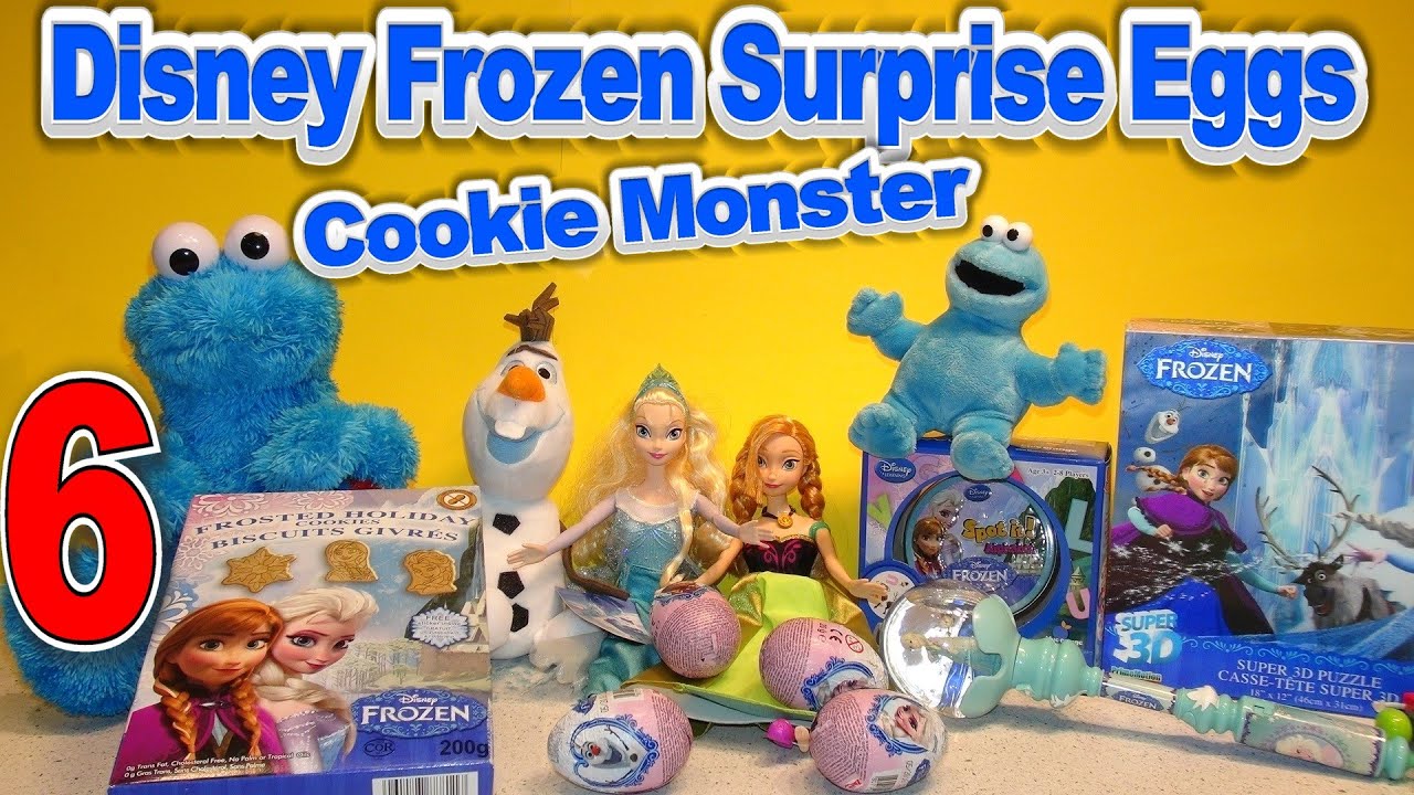 Disney Frozen Surprise Eggs opened by Cookie Monster Count'n Crunch with Olaf, Queen Elsa and Prince