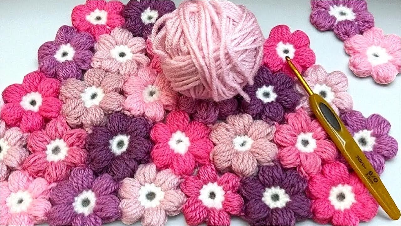 Коврик из пышных цветков. Вязание крючком.