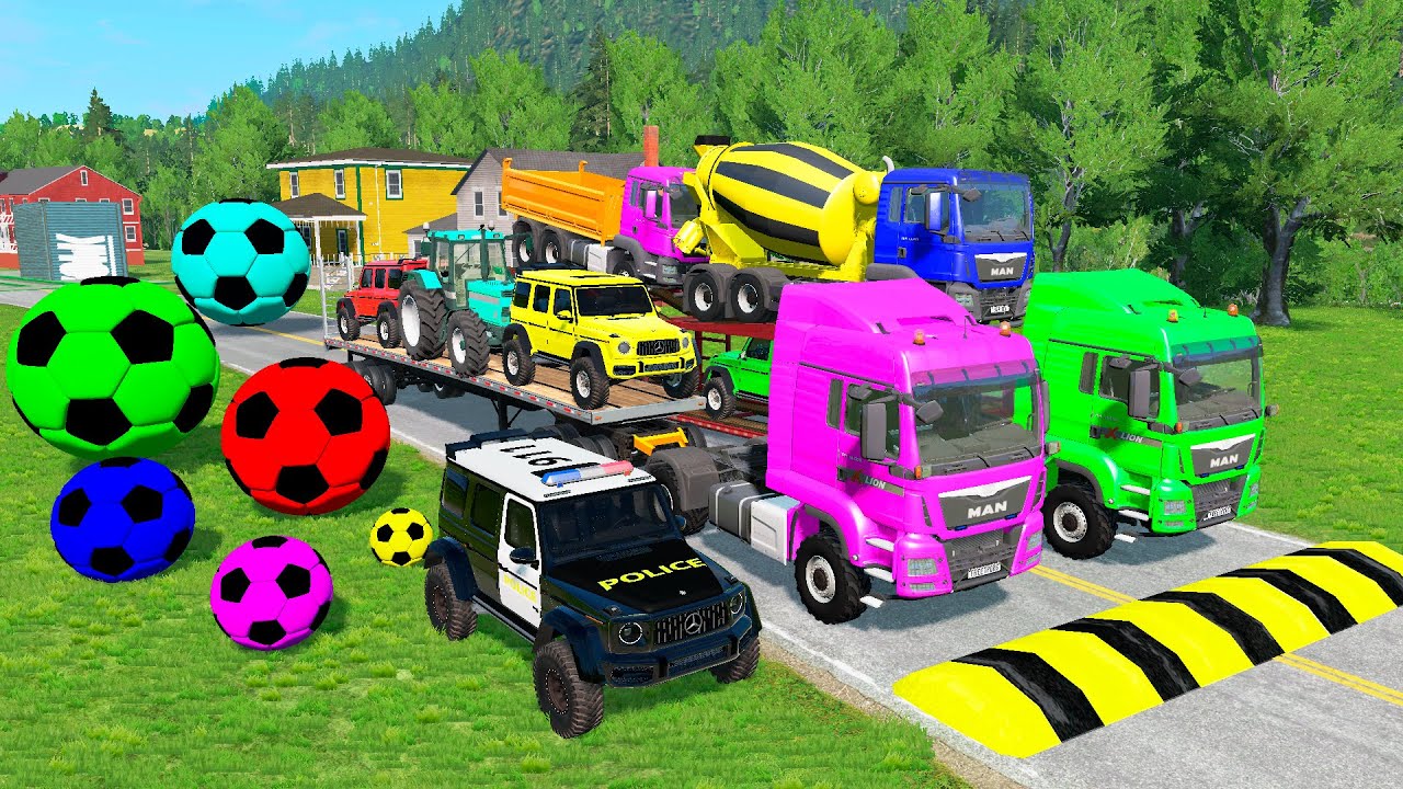 Flatbed Trailer McQueen Transportation with Truck - Speedbumps vs Cars vs Train - BeamNG.Drive #13
