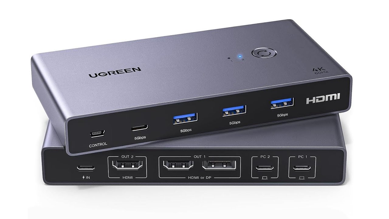 KVM переключатель 2 ноутбука 2 монитора Ugreen Type C HDMI DisplayPort 4k 60hz USB 3 0 PD100W