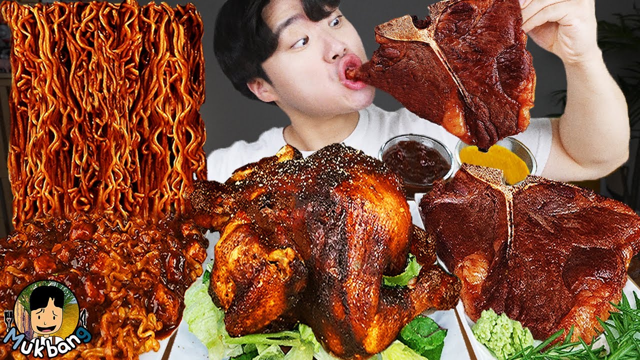ASMR MUKBANG | Жареный цыпленок, стейк, лапша с черной фасолью, кимчи Корейская еда