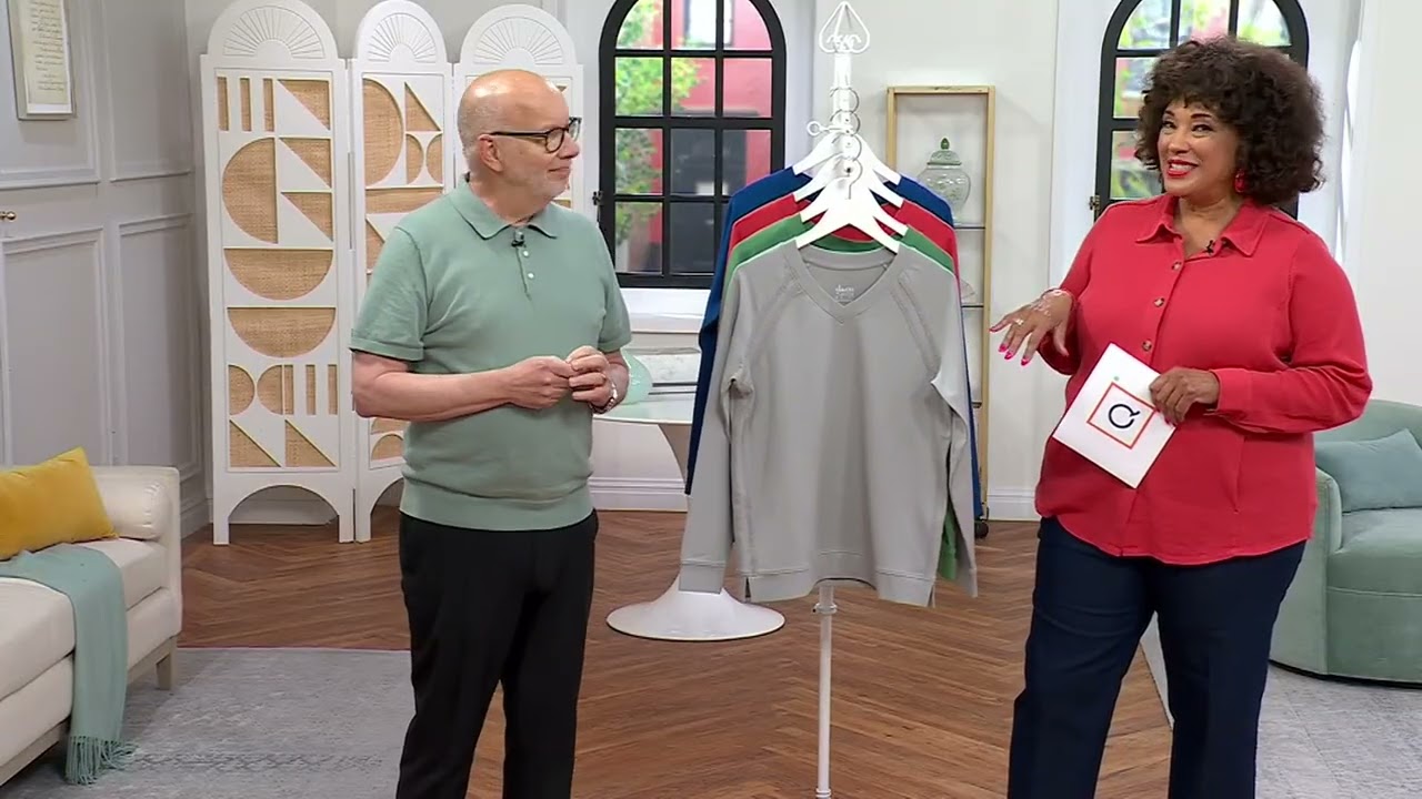 Denim &amp; Co. Active French Terry V-Neck Pullover with Side Trim on QVC