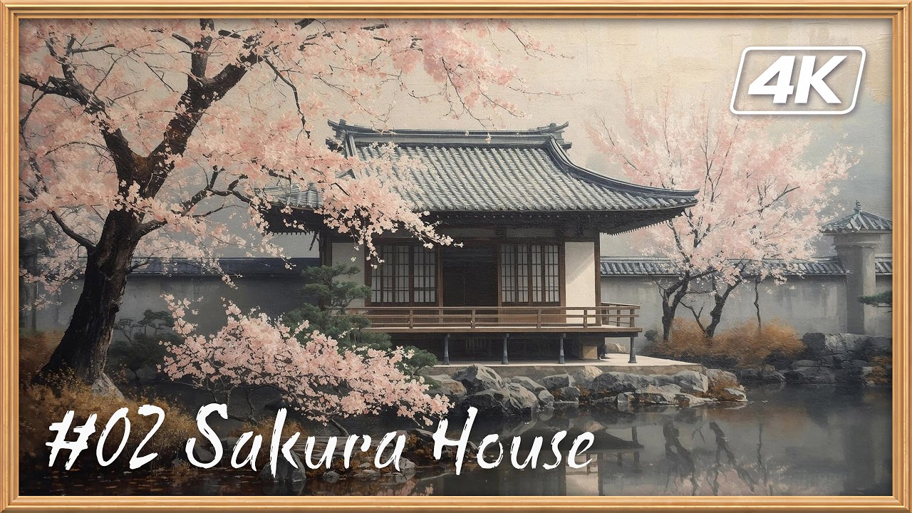 Zen Garden Gallery #02 | Sakura House by the Pond (Oil Painting) | 4K Relaxing TV Art