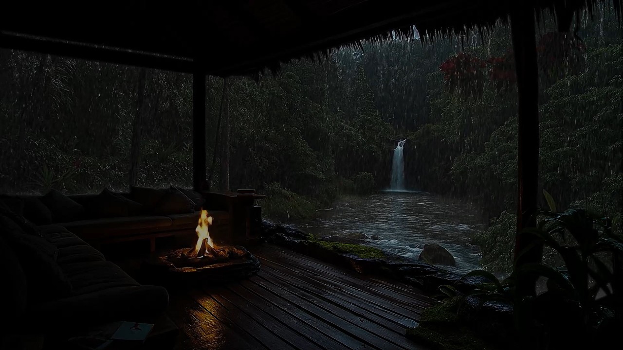 Deep Sleep with Rain on Roof, Cozy Firepit & Waterfall Sounds | 5 Hours No Ads 💤💧