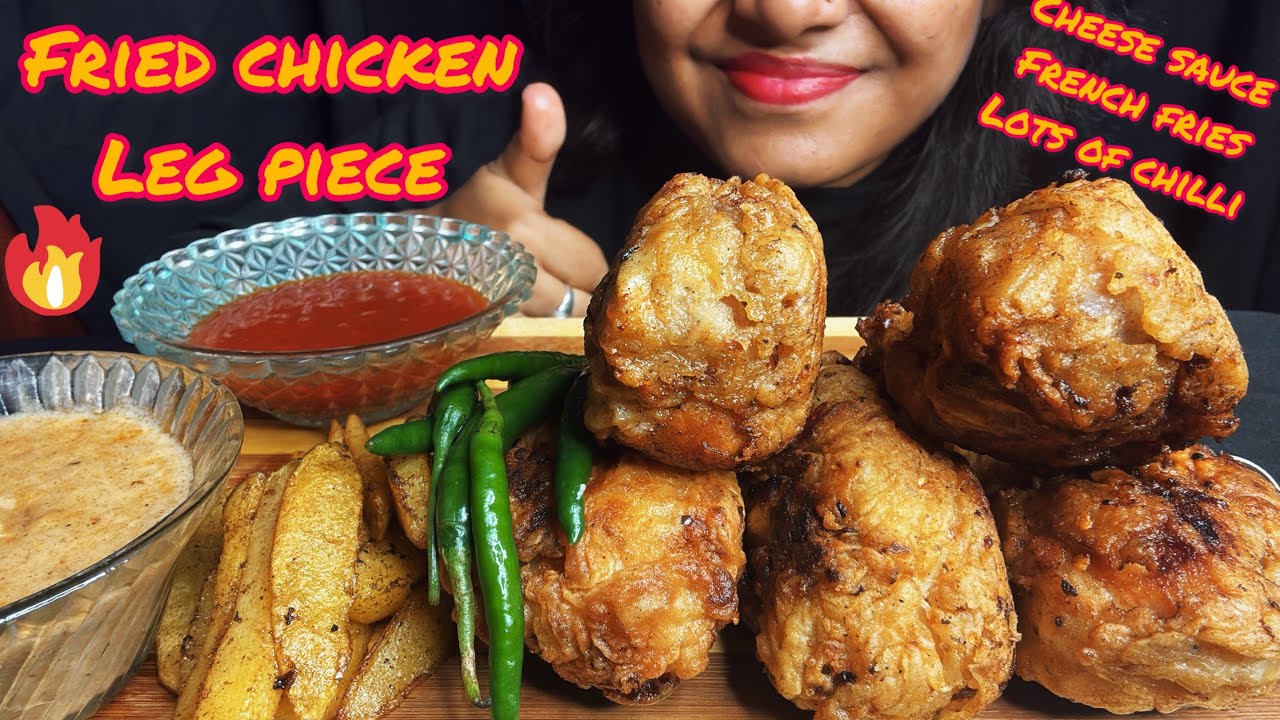 OMG🥵 LOTS OF GREEN CHILLI🔥EATING FRIED CHICKEN LEG PIECE WITH CHEESE SAUCE MUKBANG ASMR 