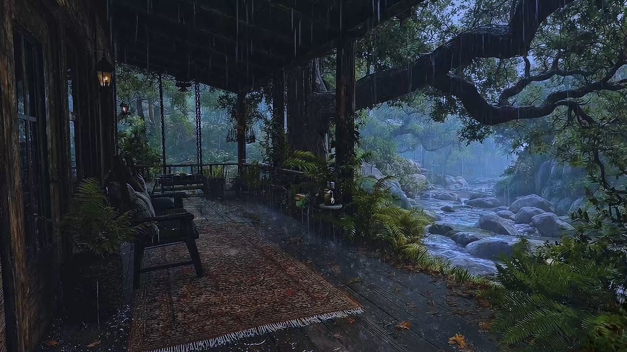 Heavy Rain on Cozy Forest Porch Rushing River Sleep Ambience 8 Hours No Talking 🌧️