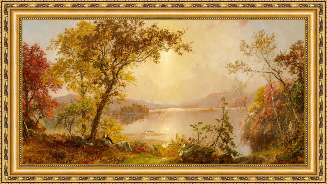 Moody Autumn Lake Ambience 🍁 | Vintage Gold Framed Forest Landscape TV Art