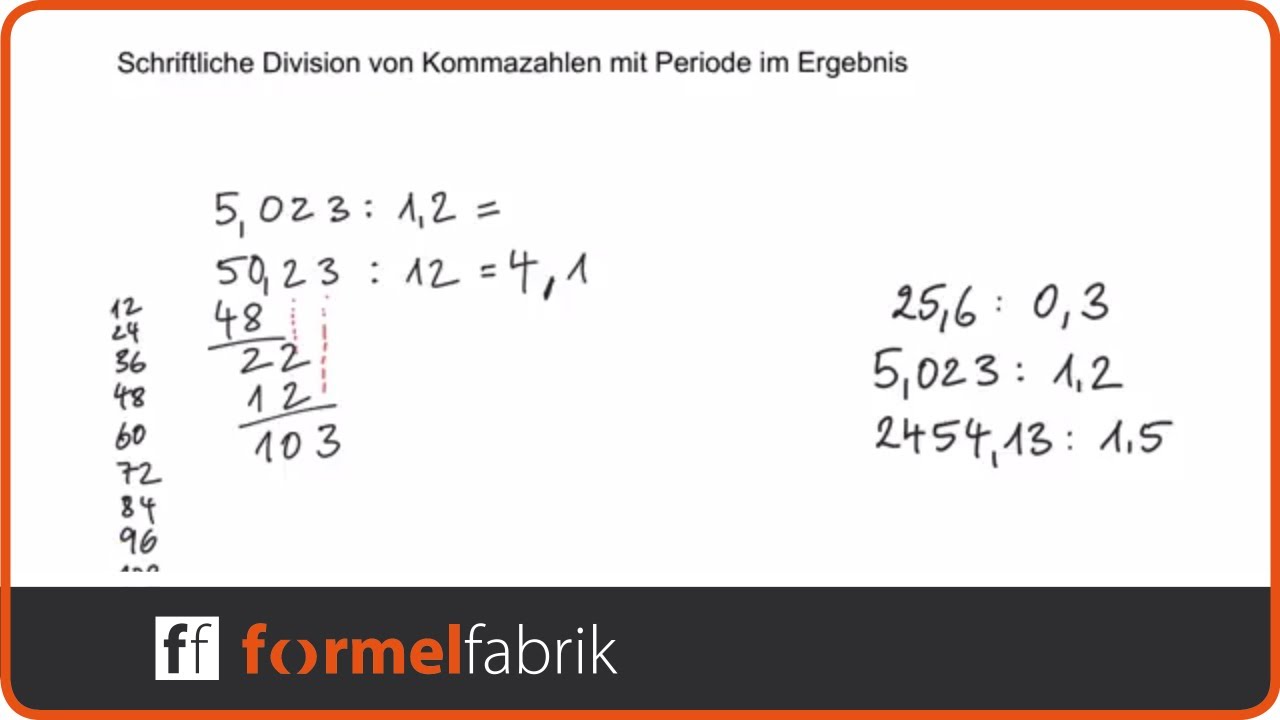 Schriftliche Division von Dezimalzahlen (Kommazahlen) – Beispielaufgaben mit Periode im Ergebnis