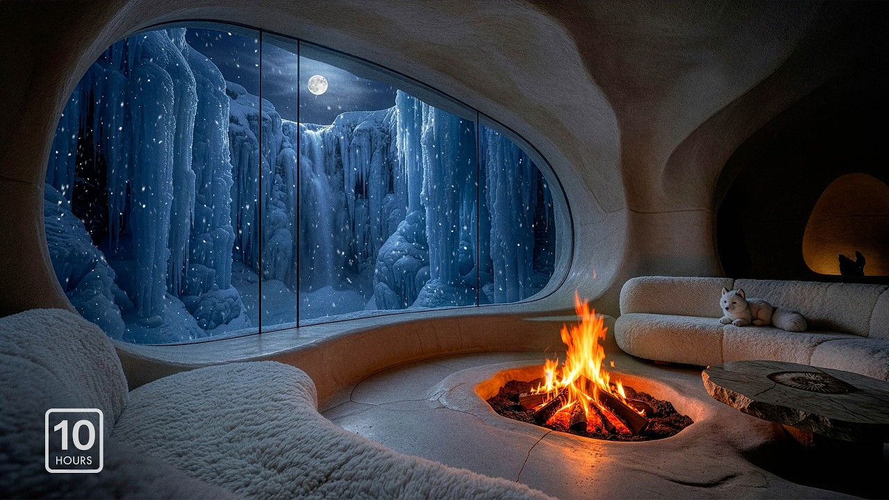 Frozen Waterfall & Warm Limestone Cave Ambience 4K | Crackling Fireplace for Sleep