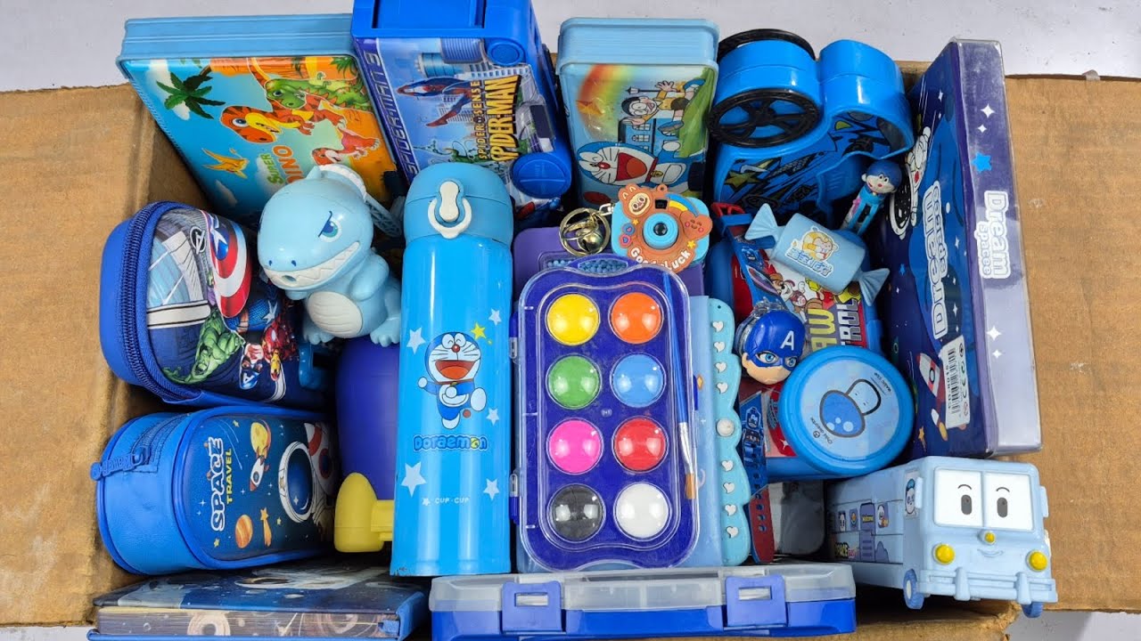 BLUE Stationery Collection🩵Water Bottle, Geometry, PencilBox, Pen, Sharpener, Eraser, Piggibank Etc