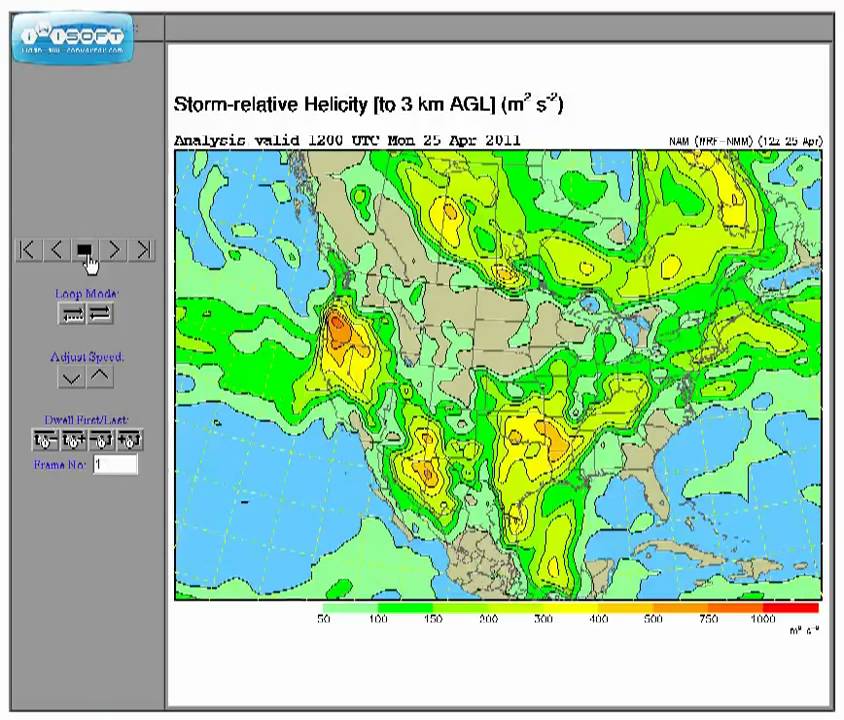 4/25/2011 81 hour Forecast US Storm relative Helicity to 3km AGL m2 s_minus_2