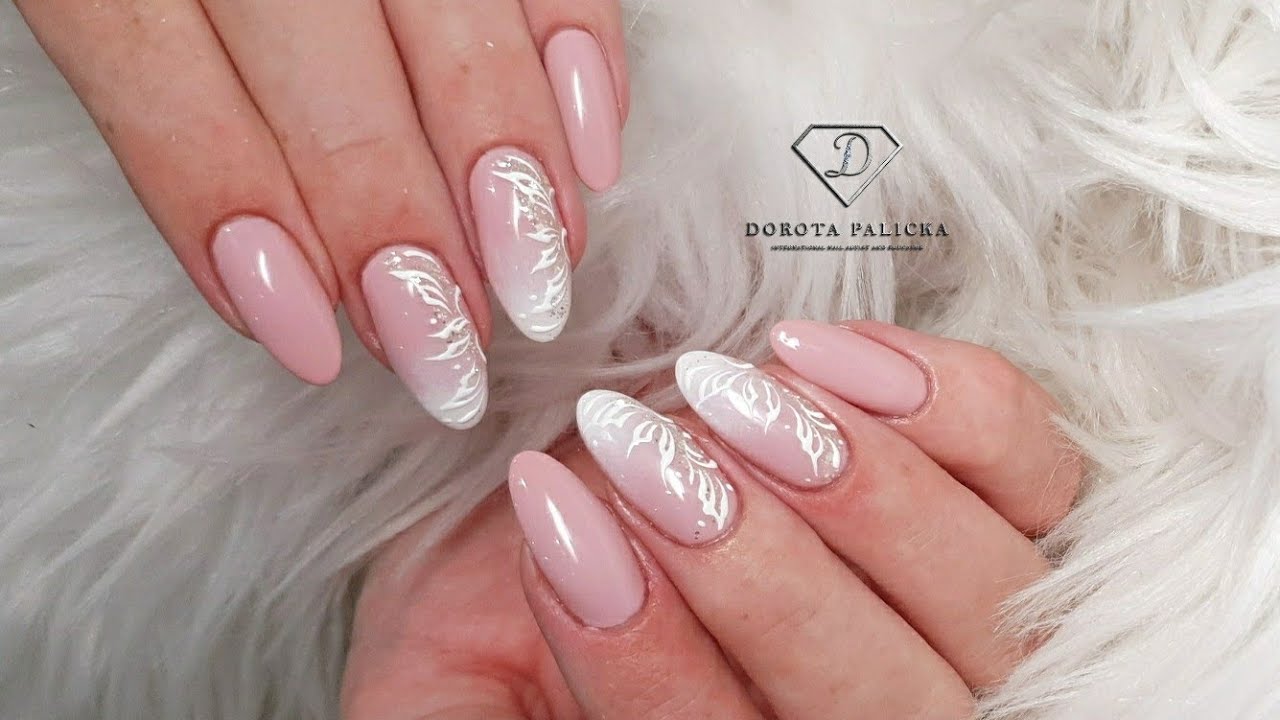 Pink and white salon nails. Gel rebalance with ombre nail art and swirl painting.