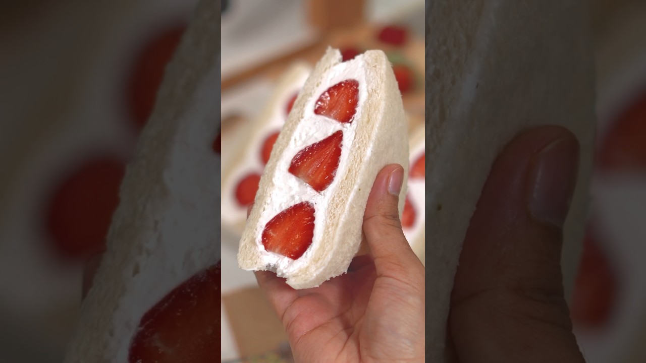 Resep SANDWICH KHAS JEPANG yang cantik banget dengan isi strawberry 🍓 Cuma pake 3 bahan aja!