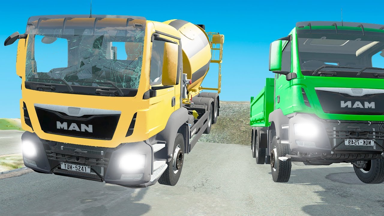 TRUCK Cars vs Unfinished Road flatbed truck, concrete mixer, tilt truck, off road truck, Gasoline
