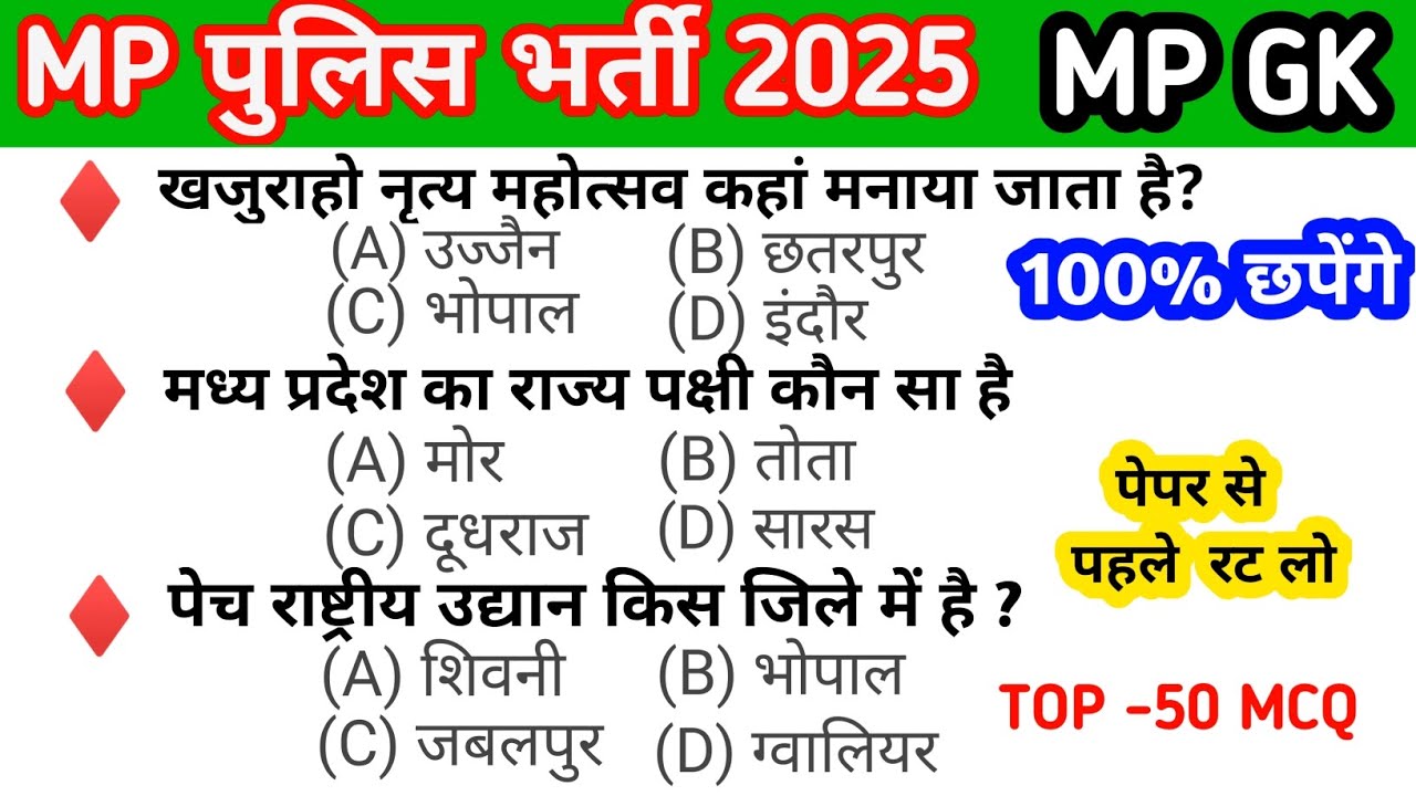 Mp Police Mp Gk 2025 | Mp Police Gk Question | Mp Police Gk Previous Year Question Papers ||