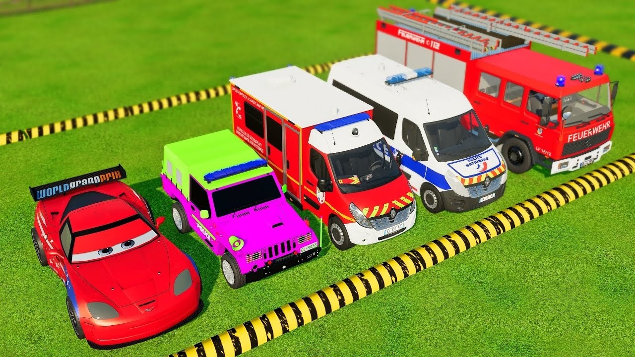 TRANSPORTING EMERGENCY CARS, AMBULANCE, POLICE CARS, FIRE TRUCK OF COLORS! WITH TRUCKS! - FS 22 #7
