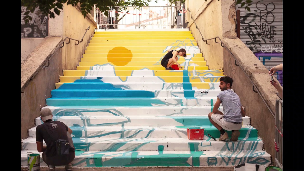TIMELAPS - R&eacute;alisation d'une fresque en anamorphose sur escaliers par Gaspard Mariotte