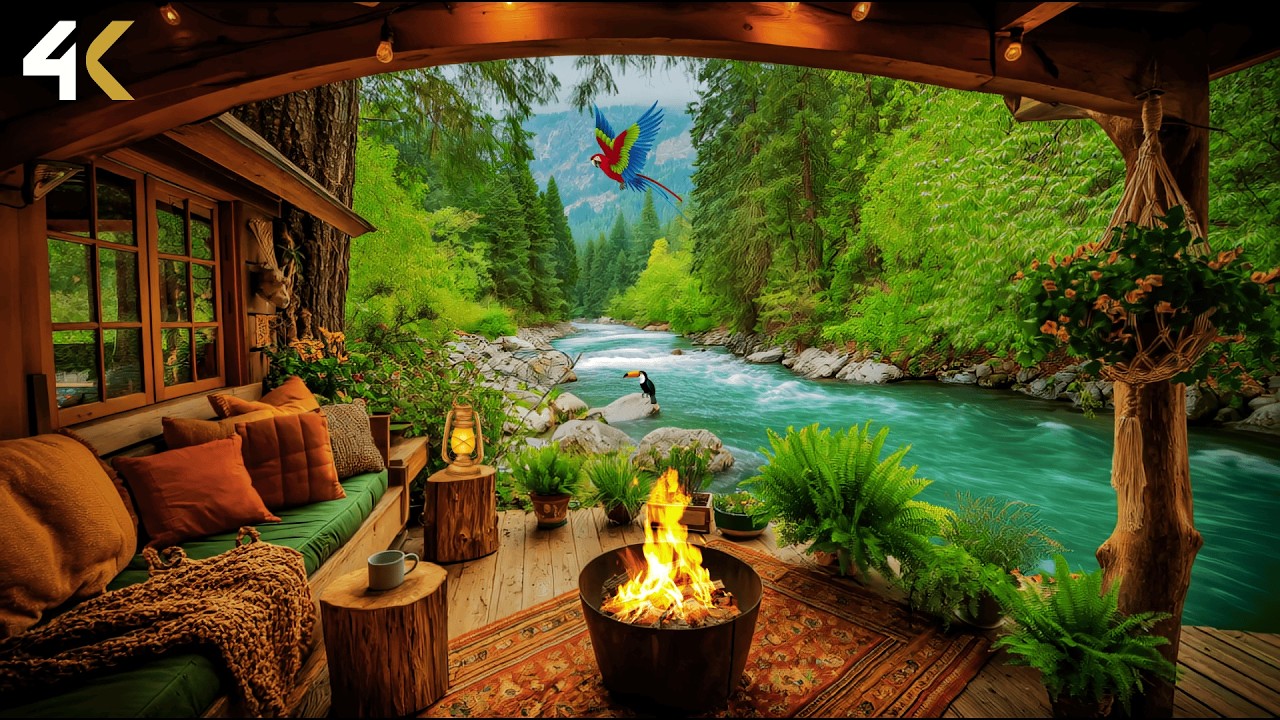 4K Riverside Cabin Escape 🌊✨ | Campfire, Tropical Birdsong & Relaxing River Sounds