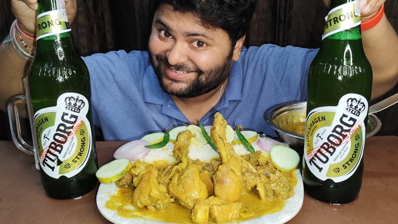 🤤 2 BottleTuborg Chilled Beer🍻Drink With Coconut🥥Chicken Curry 🍛🐓😋 ll