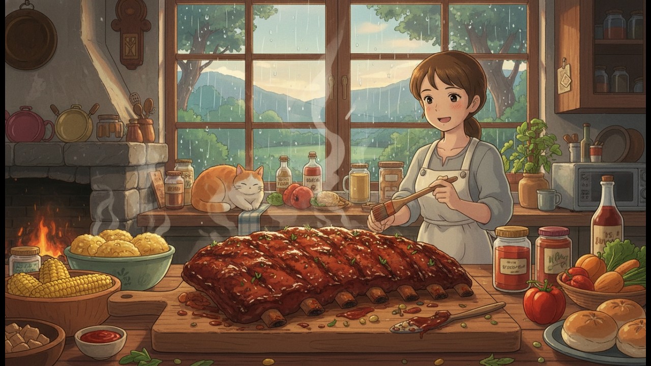Ghibli Inspired Rainy Day BBQ Ribs – Warm & Comforting Kitchen Vibes