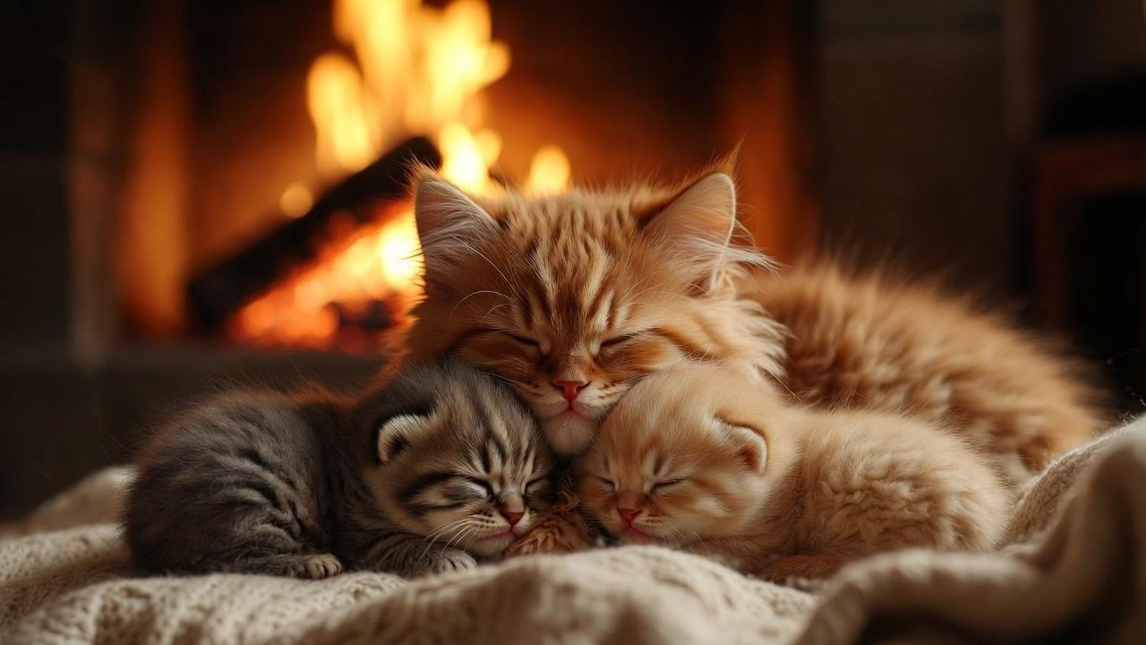 Cozy Orange Cat & Two Sleepy Kittens 😺 Fireplace ASMR for Deep Sleep