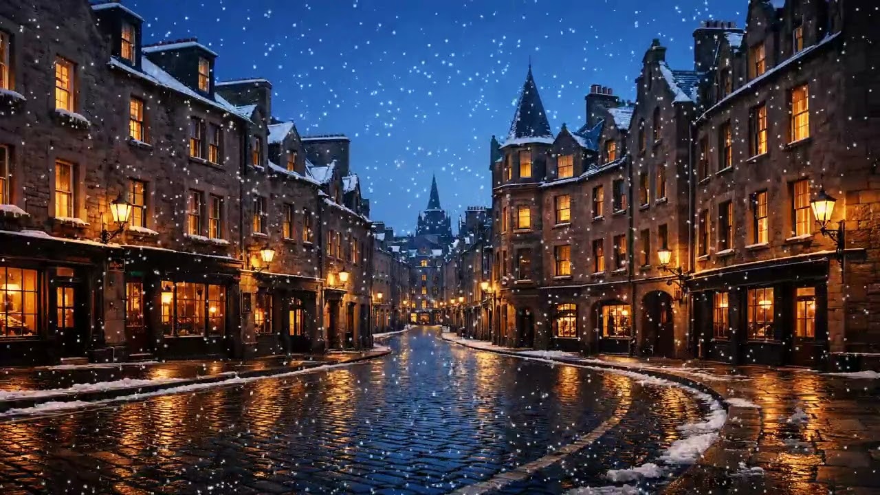 Snowy Evening in Edinburgh ❄️ 4K Cinematic Snowfall Ambience | Edinburgh Cobblestone Street